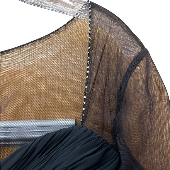 Formal Black Illusion 3/4 Sleeve Side Ruched Gown With Rhinestone Embellishment - Picture 3 of 7